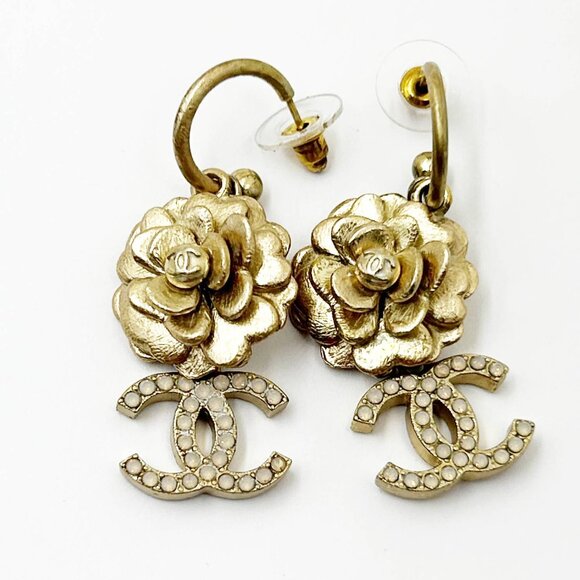 Chanel Gold Camellia Flower CC Opal Crystal Dangle Piercing Earrings - Picture 3 of 4